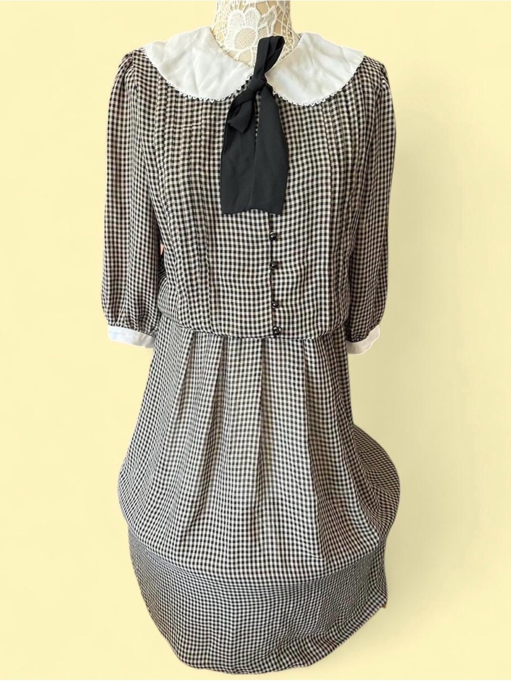 Black and White Gingham Midi Dress with Contrast Collar and Bow